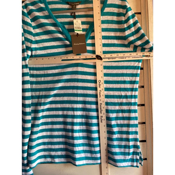 Tommy Bahama women's shirt Large Linnea stripe jersey henley Linen turquoise - Picture 6 of 9